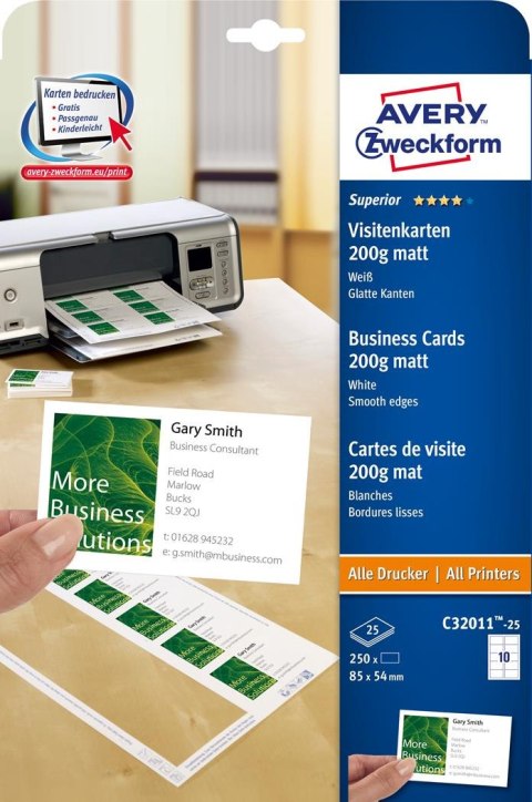 Wizytówki Quick&Clean C32011-25 85 x 54 25ark 250 szt., 200 g, matowe, białe, Avery Zweckform (X) Wizytówki Quick&Clean C32011-25 85 x 54 25ark 250 szt., 200 g, matowe, białe, Avery Zweckform (X)