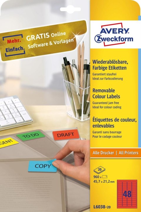 Etykiety czerwone L6038-20 45,7 x 21,2 20 ark. usuwalne Avery Zweckform