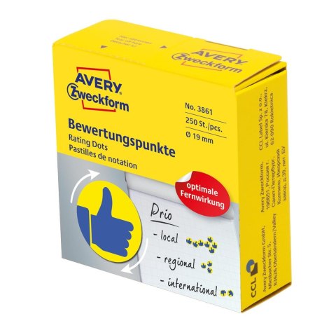 Kółka z symbolami Kciuk 3861 Q19 mm w rolce do zaznaczania, trwałe, 250 szt./rolka, żółto-niebiskie, Avery Zweckform (X) Kółka z symbolami Kciuk 3861 Q19 mm w rolce do zaznaczania, trwałe, 250 szt./rolka, żółto-niebiskie, Avery Zweckform (X)
