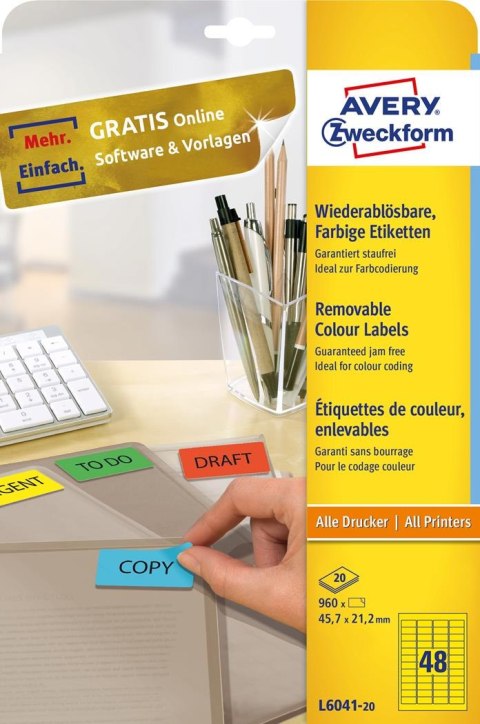 Etykiety żółte L6041-20 45,7 x 21,2 20ark Usuwalne, Avery Zweckform