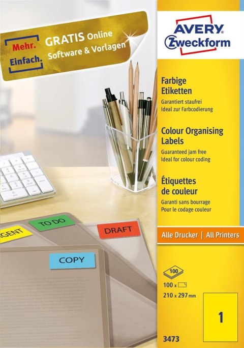 Etykiety żółte 3473 210 x 297 100 ark. trwałe Avery Zweckform