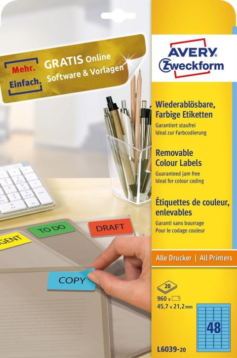 Etykiety niebieskie L6039-20 45,7 x 21,2 20 ark. usuwalne, Avery Zweckform