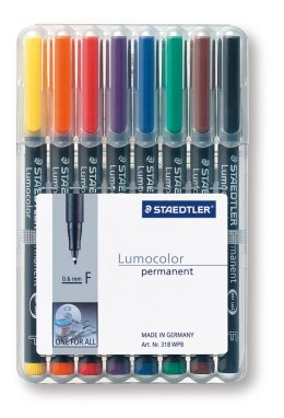 Foliopis Lumocolor, F, wodoodporny, zestaw 8 kol. (1, 2, 3, 4, 5, 6, 7, 9) w etui box, Staedtler S 318 WP8