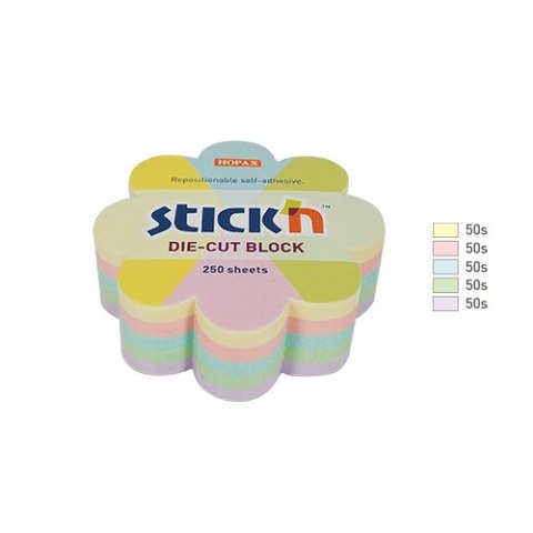 Notes kwiatek, 67x67mm, mix 5 kol. pastelowych, 250kart. Stickn 21832