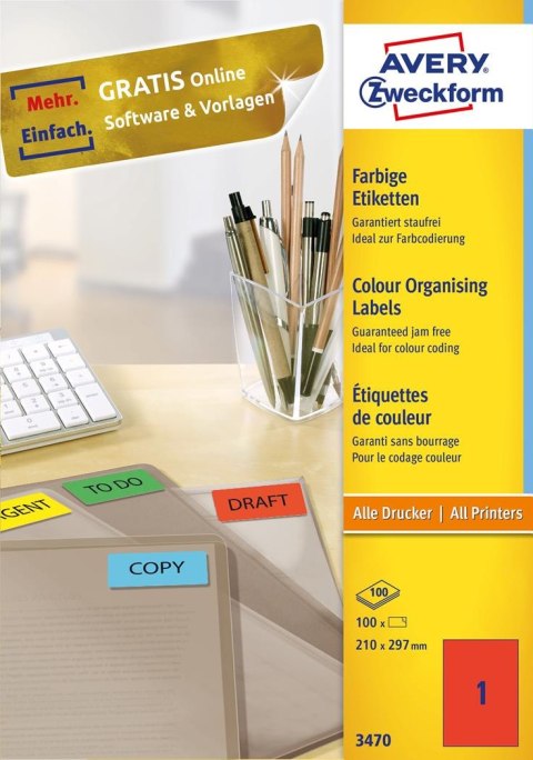 Etykiety czerwone 3470 210 x 297 100 ark. trwałe, Avery Zweckform SALE