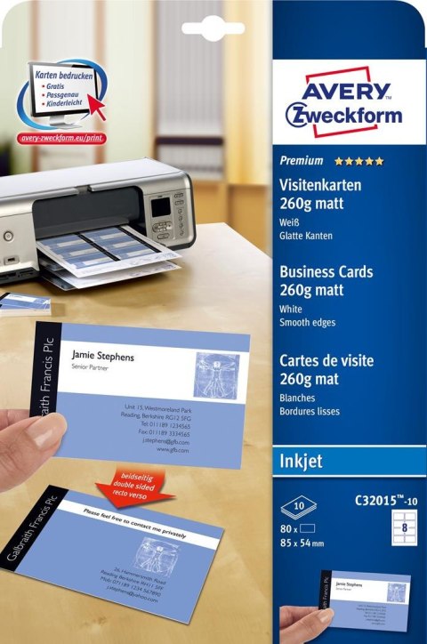 Wizytówki Quick&Clean C32015-10 85 x 54 10ark. 260 g, matowe, białe, Avery Zweckform (X) Wizytówki Quick&Clean C32015-10 85 x 54 10ark. 260 g, matowe, białe, Avery Zweckform (X)