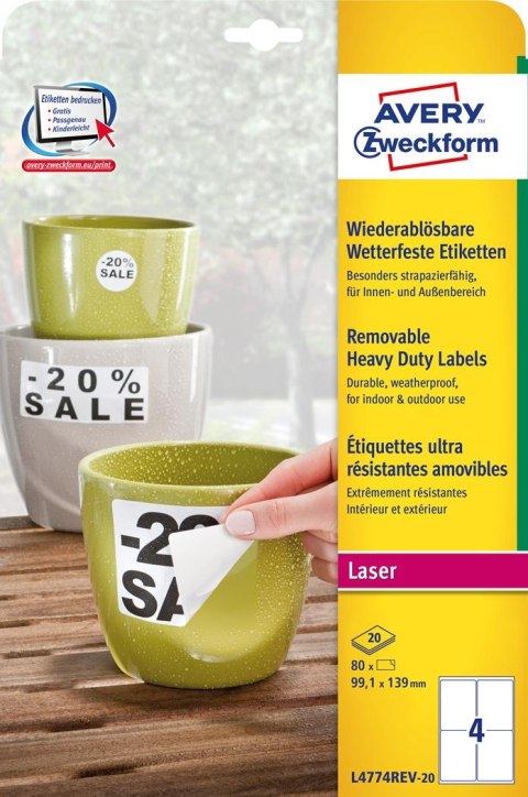Etykiety Heavy Duty L4774REV-20 99,1 x 139 20ark białe, poliestrowe, usuwalne, Avery Zweckform