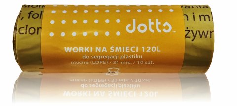 Worki na śmieci 120l 10szt., DOTTS, do segregacji plastiku, NADRUK, mocne (LDPE), 31mic., żółte Worki na śmieci 120l 10szt., DOTTS, do segregacji plastiku, NADRUK, mocne (LDPE), 31mic., żółte