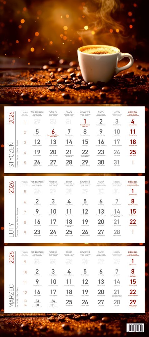 Kalendarz trójdzielny ekonomiczny KS045B KAWA 2026 WOKÓŁ NAS