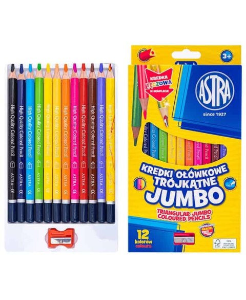 Kredki ołówkowe trójkątne jumbo ASTRA 12 kolorów z temperówką 312023911