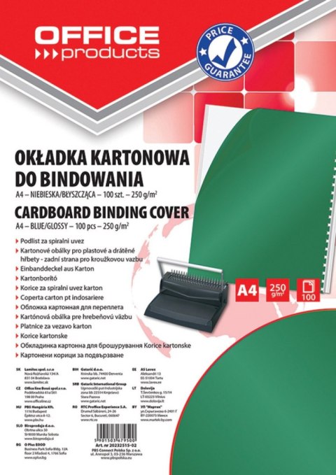 Okładki do bindowania , karton, A4, 250gsm, błyszczące, 100szt., zielone, typu OFFICE PRODUCTS 20232515-02