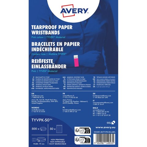 Opaski na rękę TYVEK _, 256 x 19 mm, różowe neonowe identyfikatory, Avery TYVPK-50