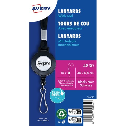 Smycz na identyfikator z mechanizmem ściągającym o dł. 60 cm, 10 szt., 8 x 400 mm, czarne smycze, Avery 4830