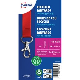 Smycz na identyfikator z recyklingowanego PET, 10 szt.; 15 x 440 mm; czerwone smycze, Avery 4842R