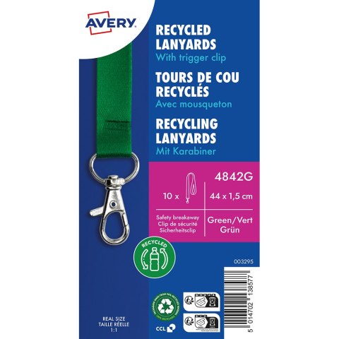 Smycz na identyfikator z recyklingowanego PET, 10 szt.; 15 x 440 mm; zielone smycze, Avery 4842G