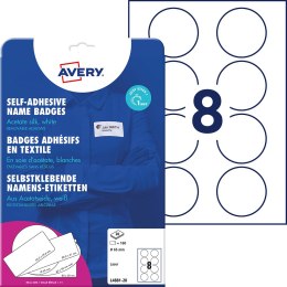 Samoprzylepne identyfikatory do zadruku, A4, 20 ark./op., okrągłe śr. 65 mm, białe, sztuczny jedwab, Avery L4881-20