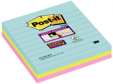 Bloczek samoprzylepny POST-IT_ Super Sticky w linie, (675-SS3-MIA), 101x101mm, 3x70 kart., paleta Miami